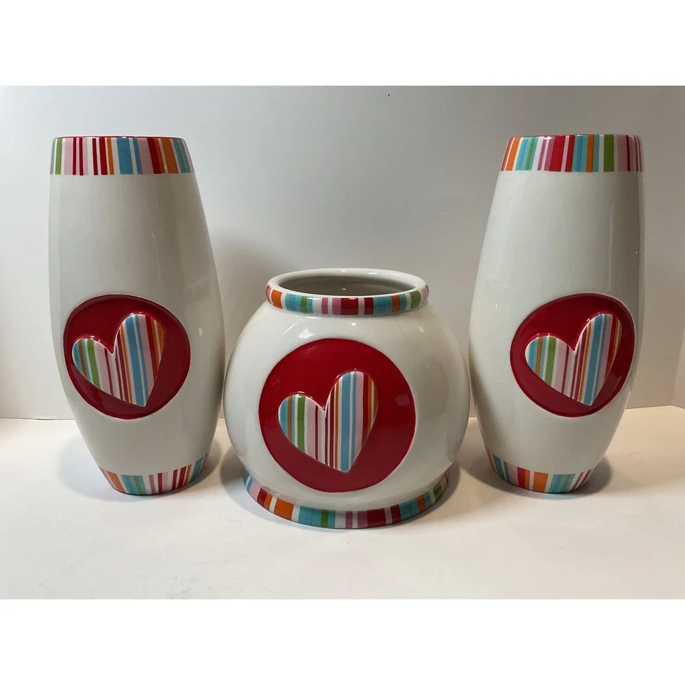 Ganz Heart Vases Set of 3 Heart Striped‎ Colorful Ceramic Decorative Home Decor